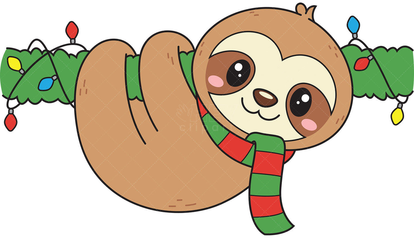 Royalty-free vector illustration of a christmas sloth hanging from decorations.