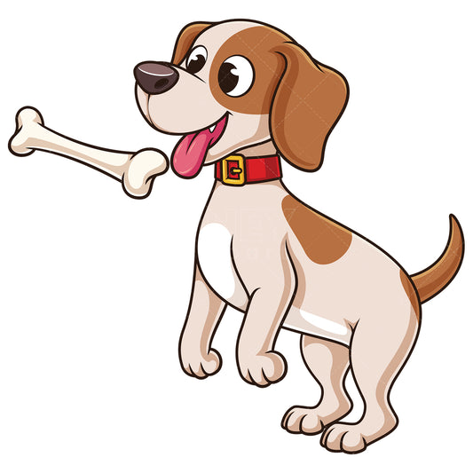 Royalty-free stock vector illustration of a cute little dog catching bone.