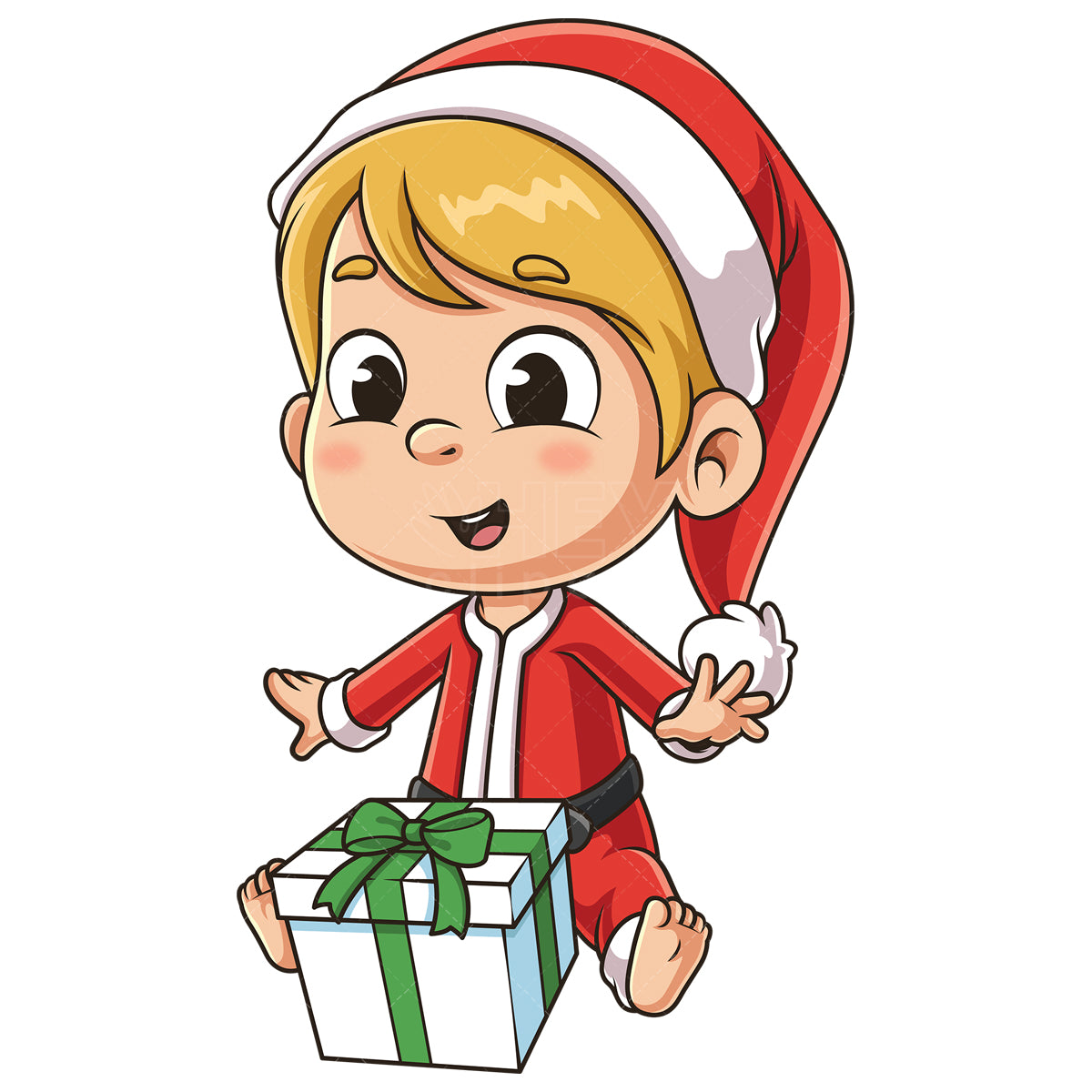 Royalty-free stock vector illustration of a excited baby boy santa with christmas gift.