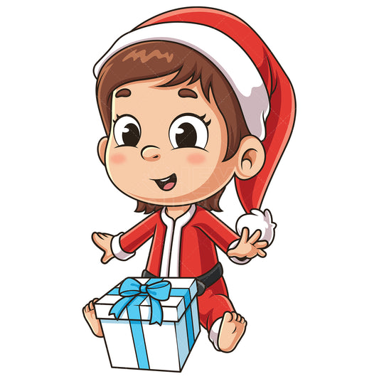 Royalty-free stock vector illustration of a excited baby girl santa with christmas gift.