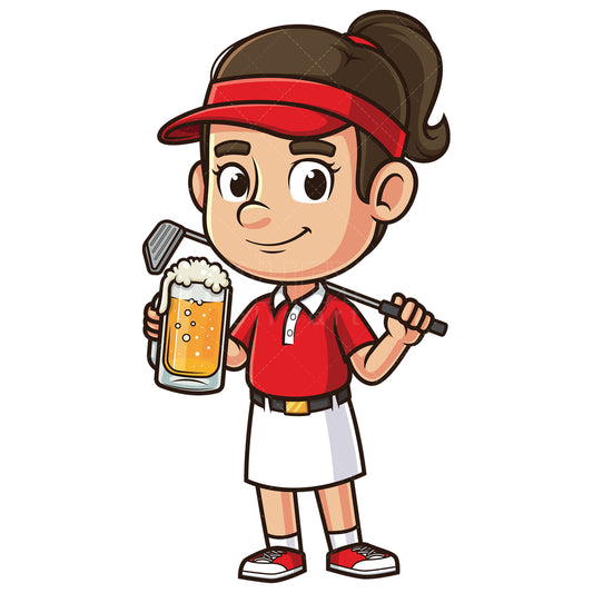 Royalty-free stock vector illustration of a female golf enthusiast holding beer.