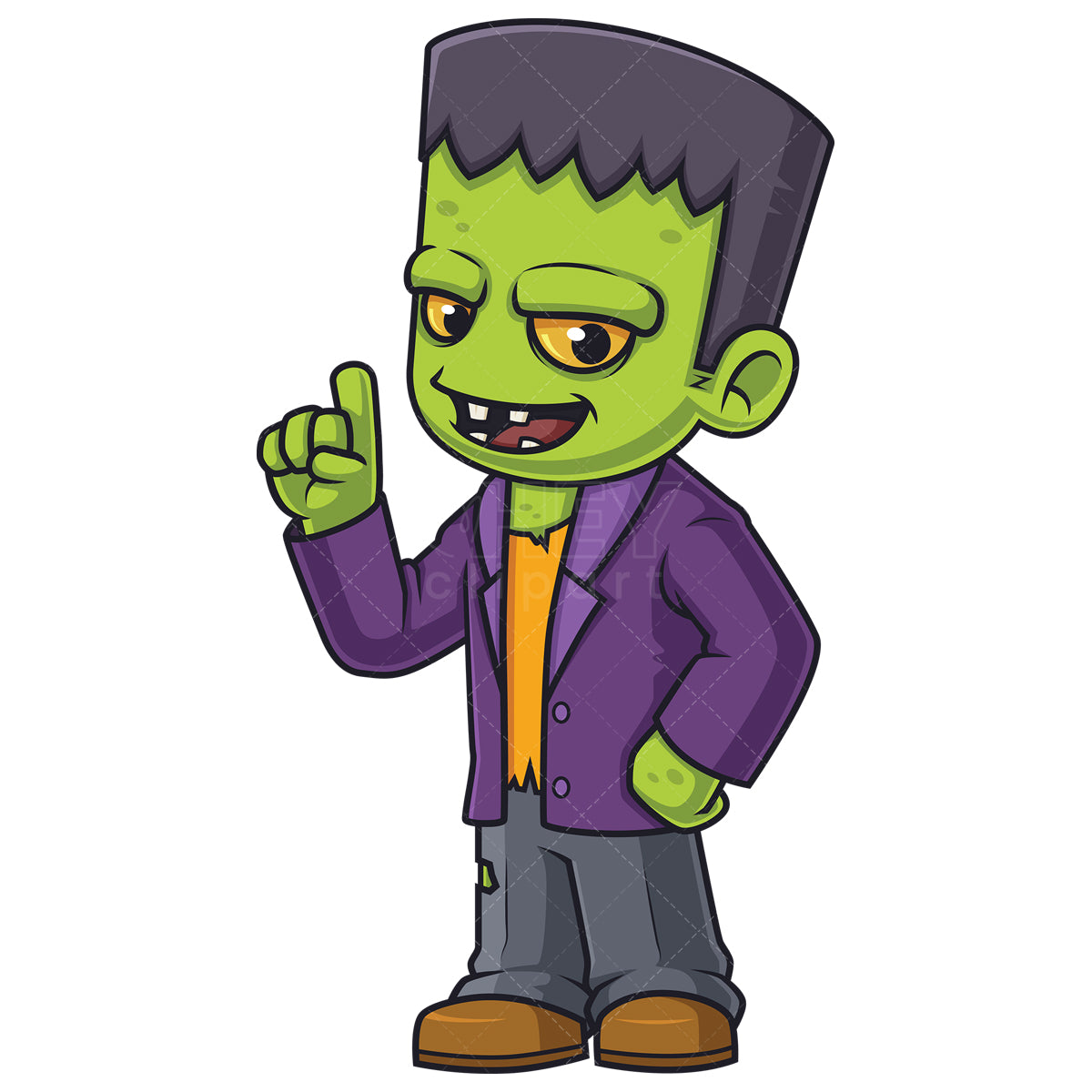 Royalty-free stock vector illustration of a frankenstein monster pointing up.