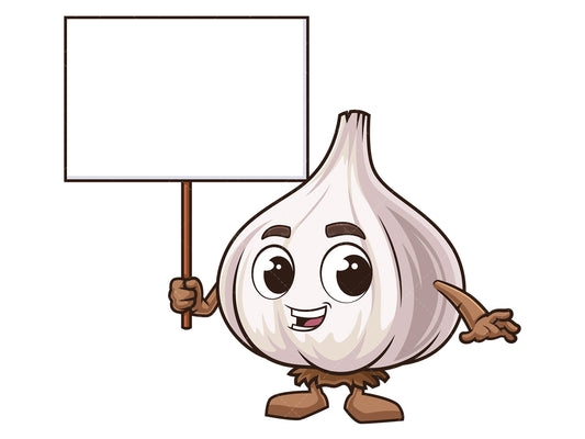 Royalty-free stock vector illustration of a garlic mascot holding blank sign.