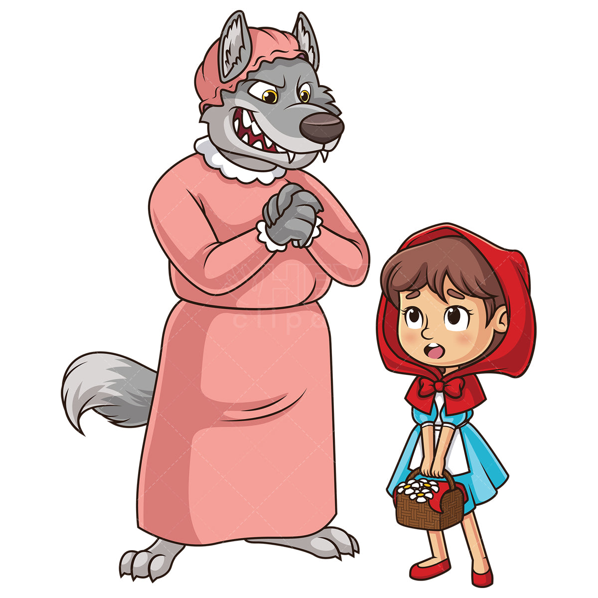 Royalty-free stock vector illustration of grandma wolf with little red riding hood.