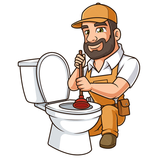 Royalty-free stock vector illustration of a handyman unclogging toilet.