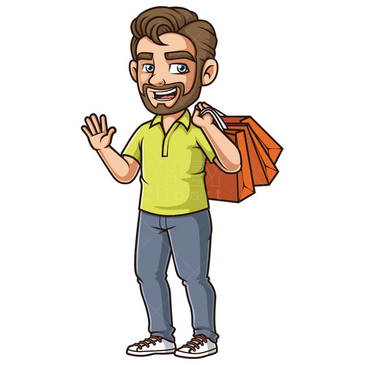 Royalty-free stock vector illustration of a happy man shopping.