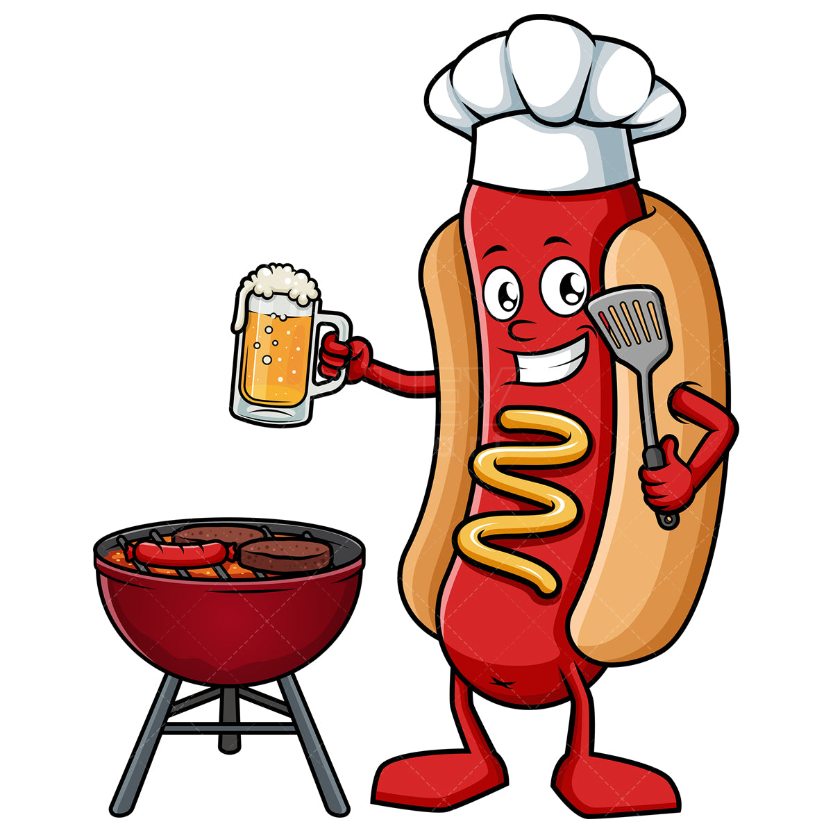 Royalty-free stock vector illustration of a hot dog cooking on the grill.