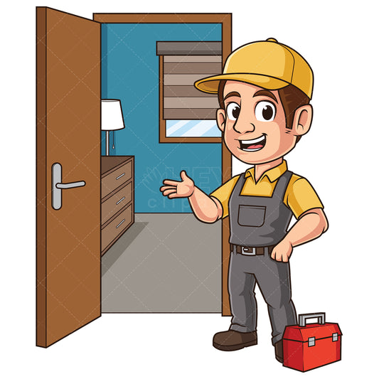 Royalty-free stock vector illustration of a locksmith opening door.