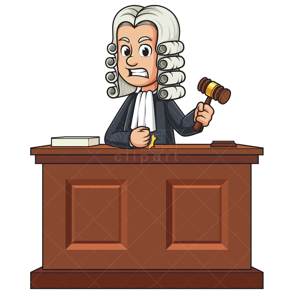 Royalty-free stock vector illustration of a mad male judge behind courtroom desk.