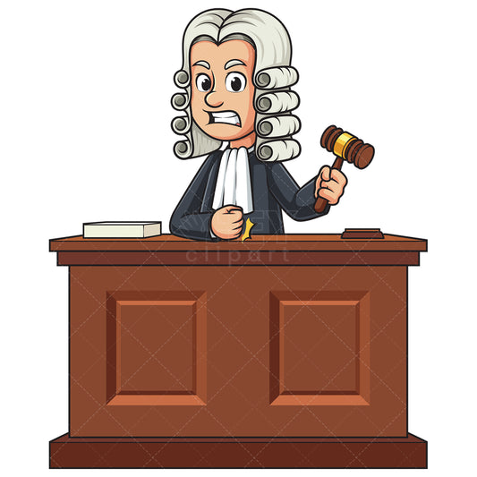 Royalty-free stock vector illustration of a mad male judge behind courtroom desk.