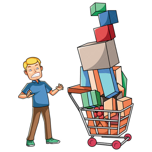 Royalty-free stock vector illustration of a man with full shopping cart.