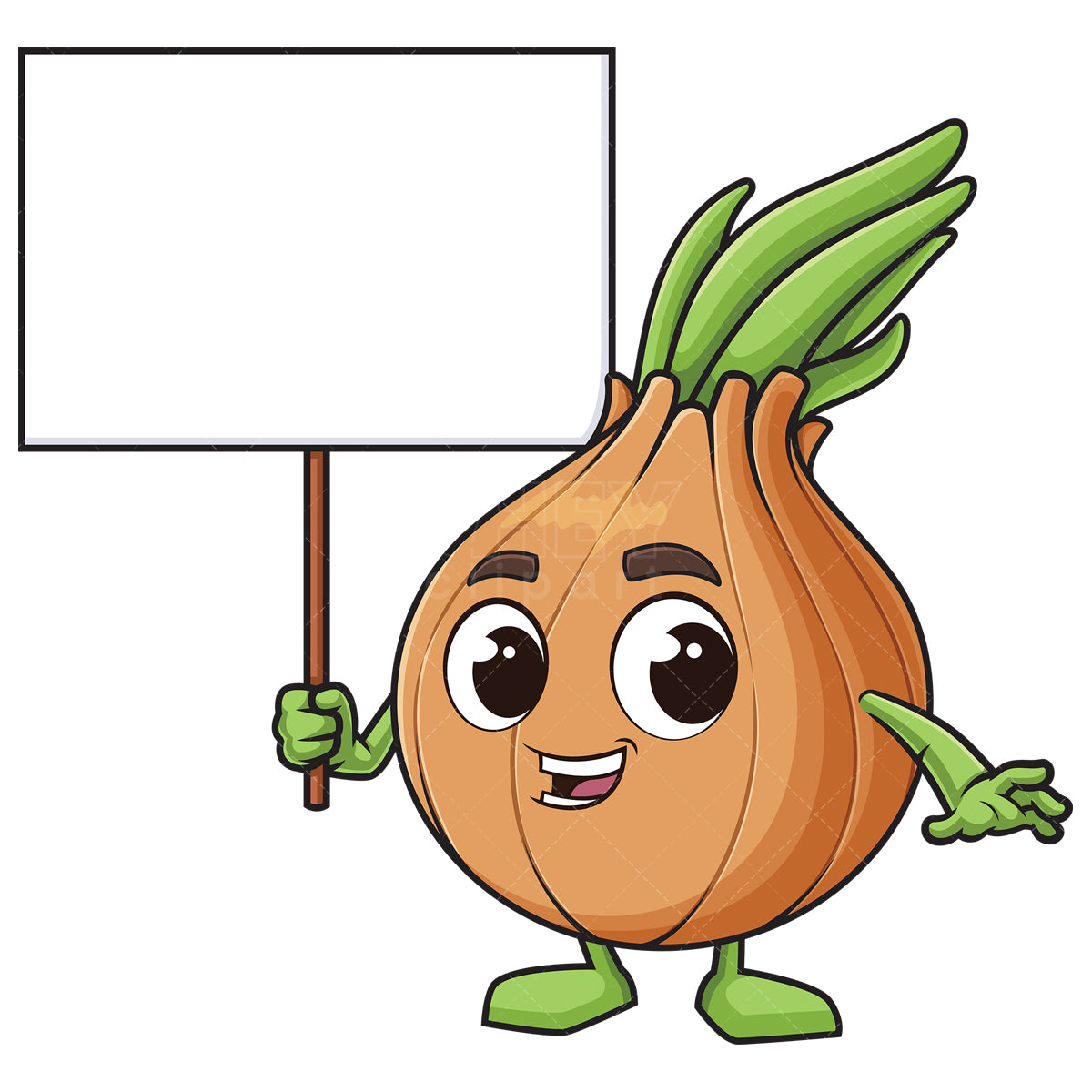 Royalty-free stock vector illustration of a onion mascot holding blank sign.