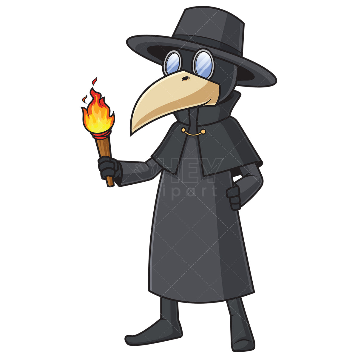 Royalty-free stock vector illustration of a plague doctor holding lit torch.