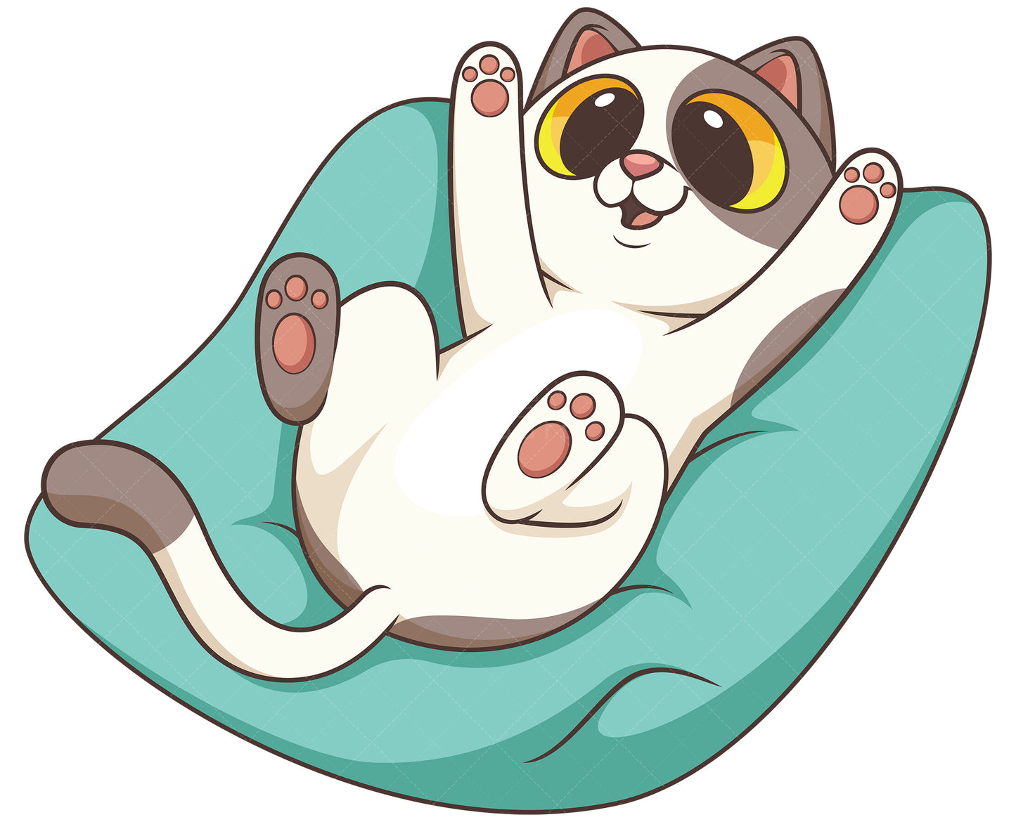 Royalty-free stock vector illustration of a playful cat lying on pillow.