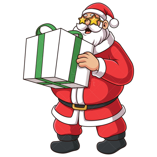 Royalty-free stock vector illustration of a santa holding xmas present.