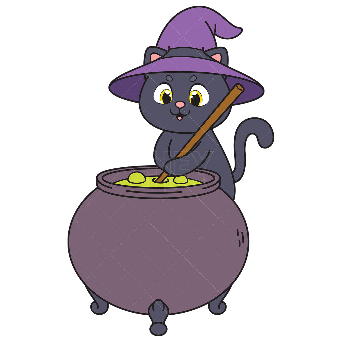 Royalty-free vector illustration of a witch cat mixing substance in cauldron.