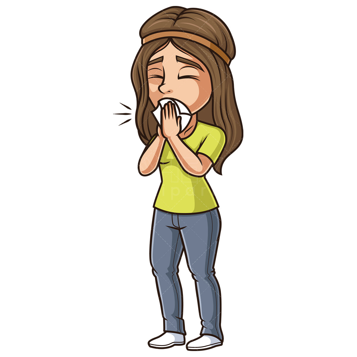 Royalty-free stock vector illustration of a young woman coughing.