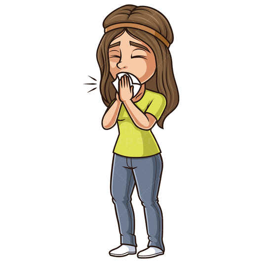 Royalty-free stock vector illustration of a young woman coughing.