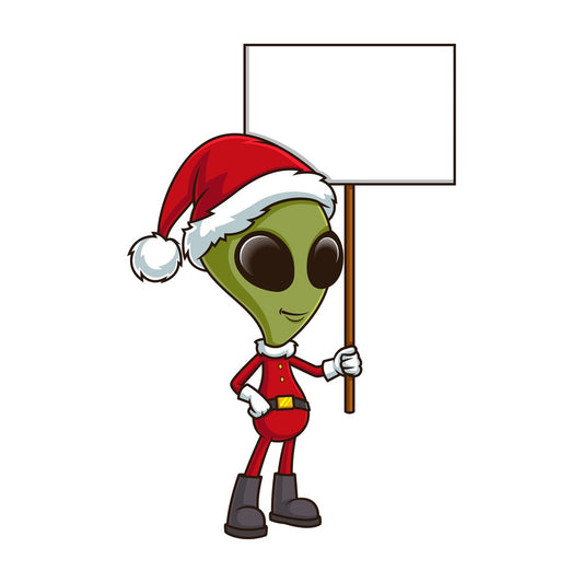 Alien santa holding blank sign. PNG - JPG and vector EPS (infinitely scalable).