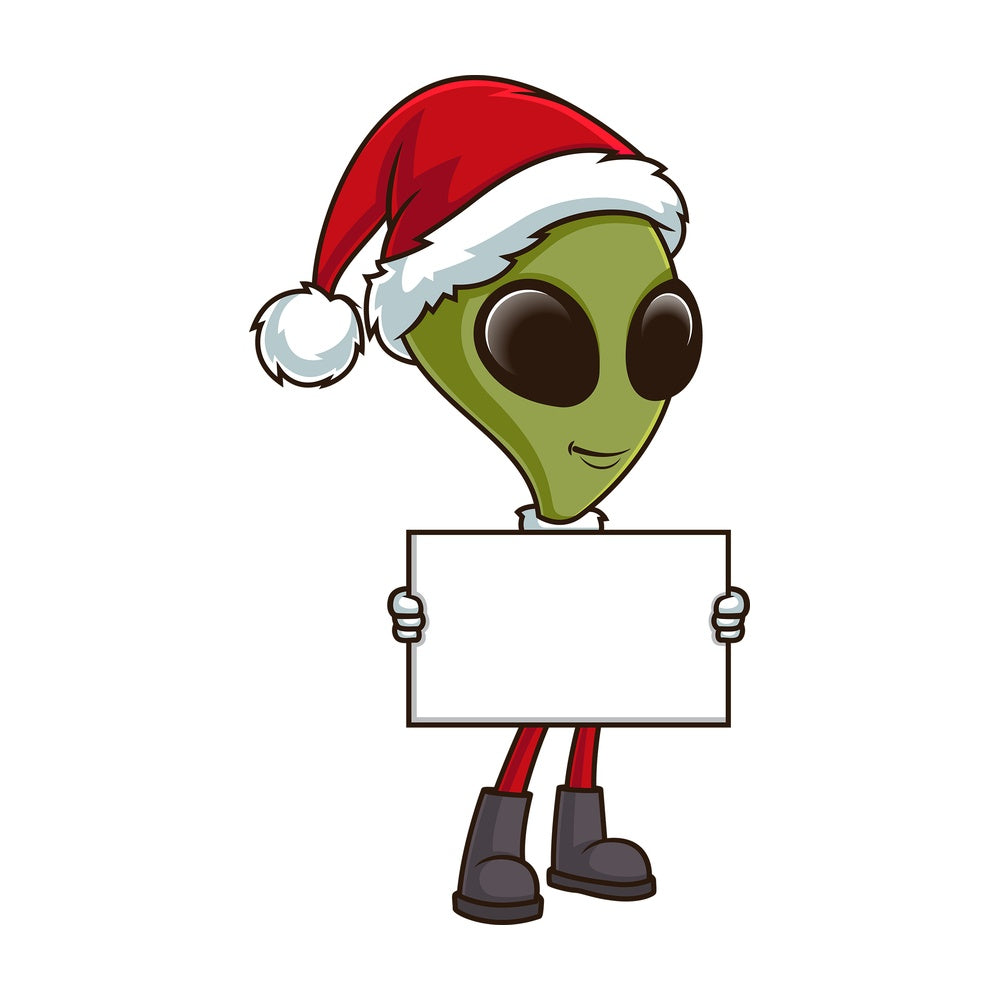 Christmas alien holding empty sign. PNG - JPG and vector EPS (infinitely scalable).
