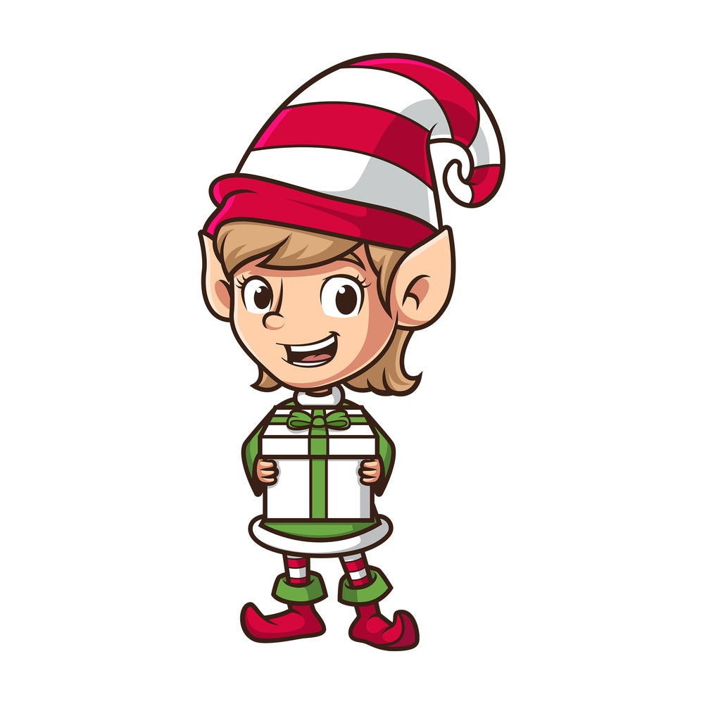 Female christmas elf holding present. PNG - JPG and vector EPS (infinitely scalable).