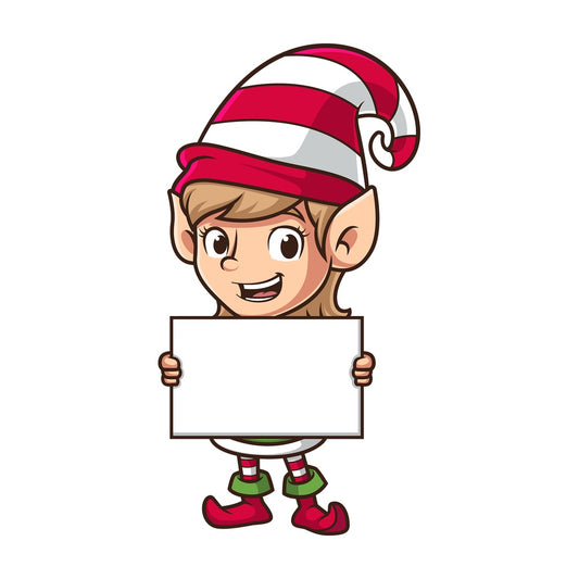 Female santa's elf holding blank sign. PNG - JPG and vector EPS (infinitely scalable).