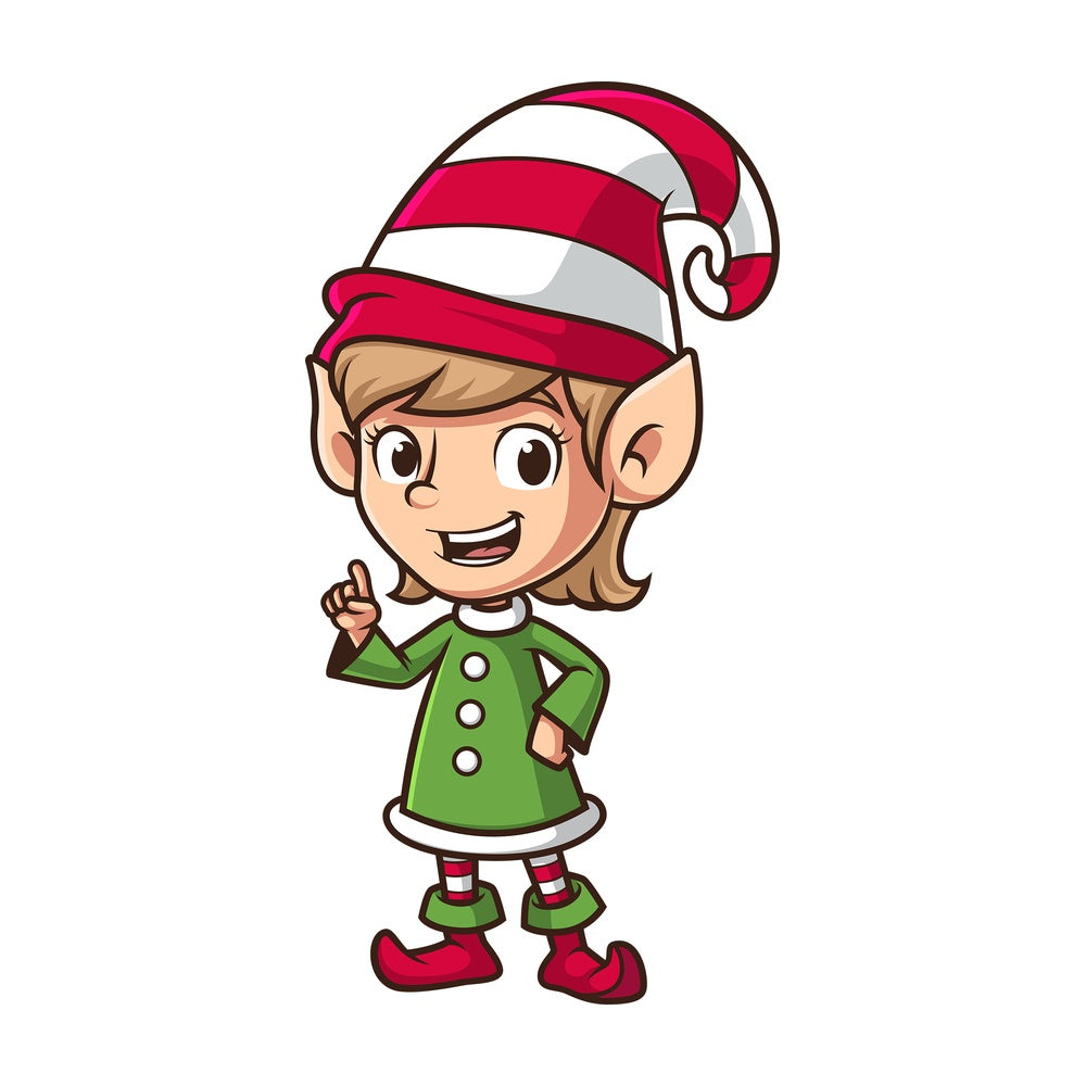 Female santa's elf pointing up. PNG - JPG and vector EPS (infinitely scalable).