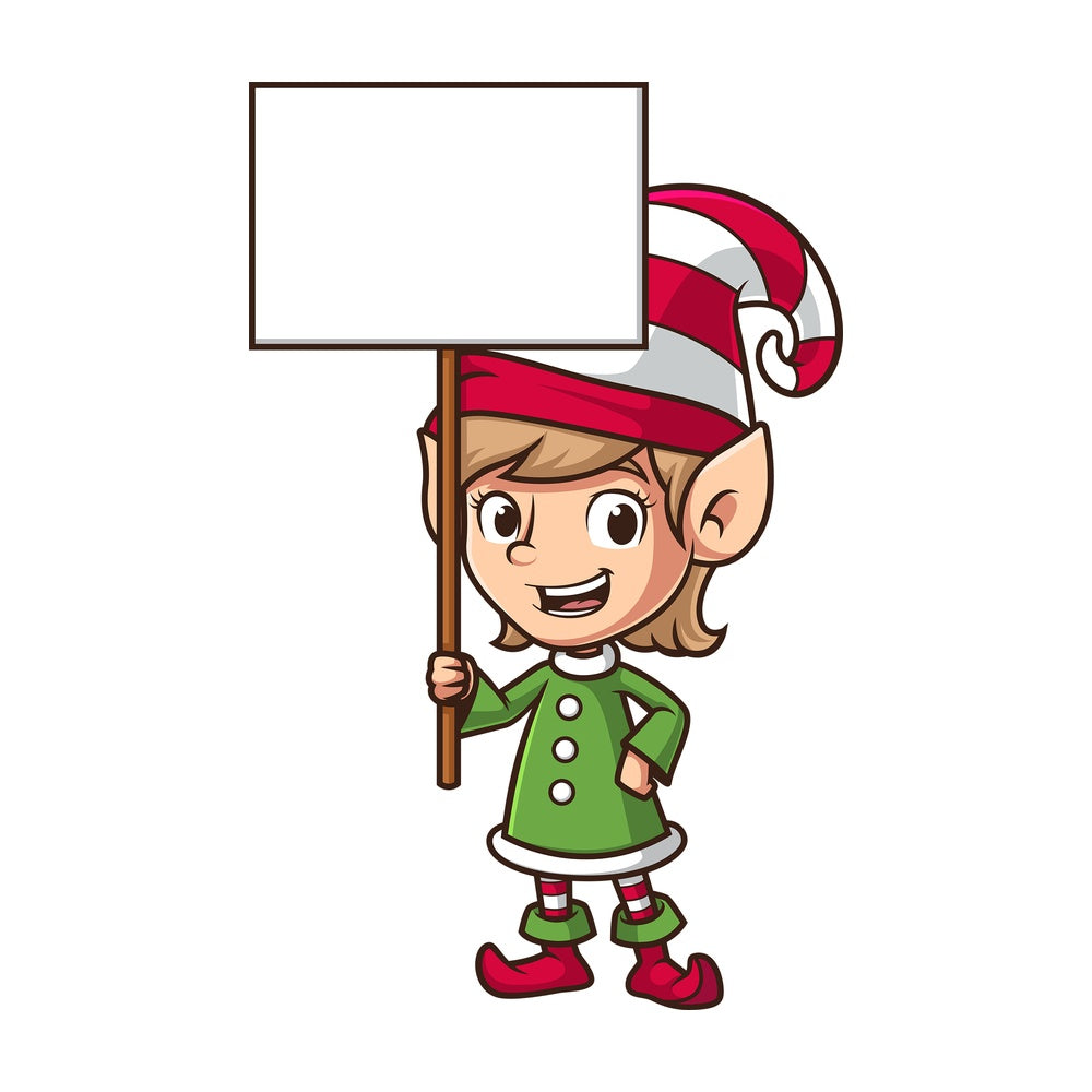 Female christmas elf holding sign. PNG - JPG and vector EPS (infinitely scalable).