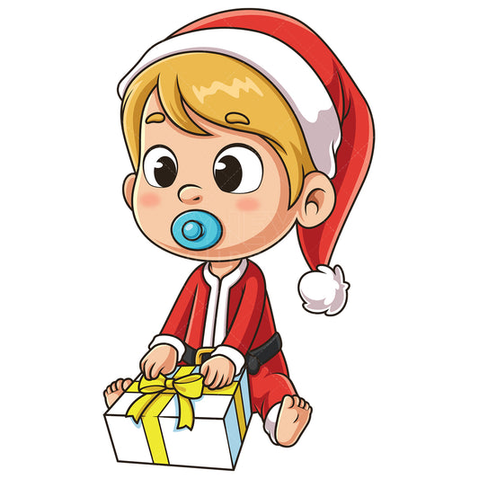 Royalty-free stock vector illustration of a baby boy santa opening xmas present.