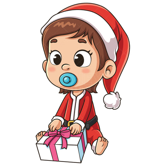 Royalty-free stock vector illustration of a baby girl santa opening xmas present.
