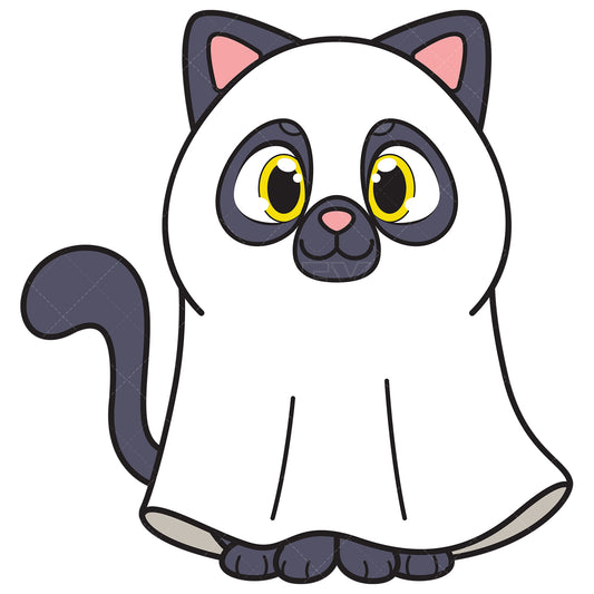 Royalty-free vector illustration of a cat in ghost sheet.