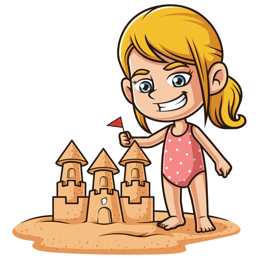 Royalty-free stock vector illustration of a caucasian girl building sandcastle.