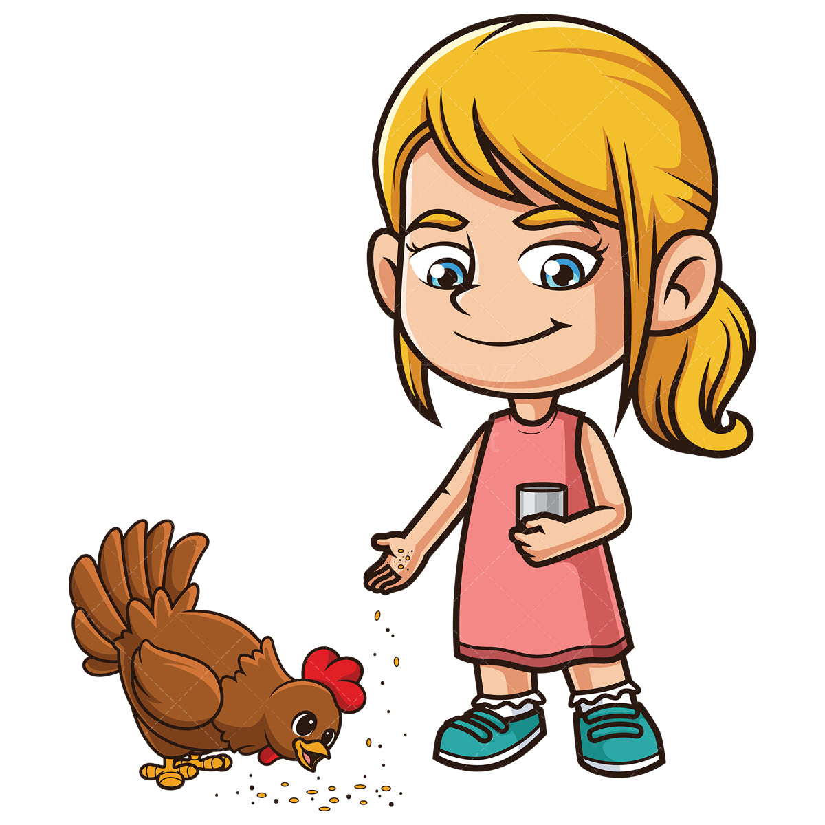 Royalty-free stock vector illustration of a caucasian girl feeding hen.