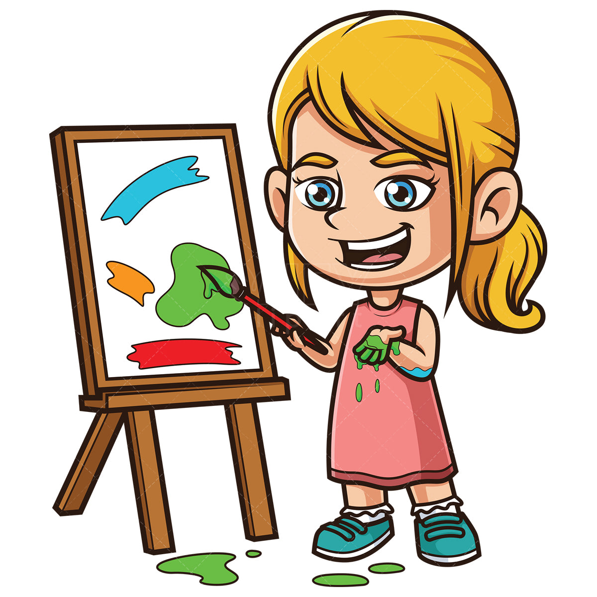 Royalty-free stock vector illustration of a caucasian girl getting dirty drawing.