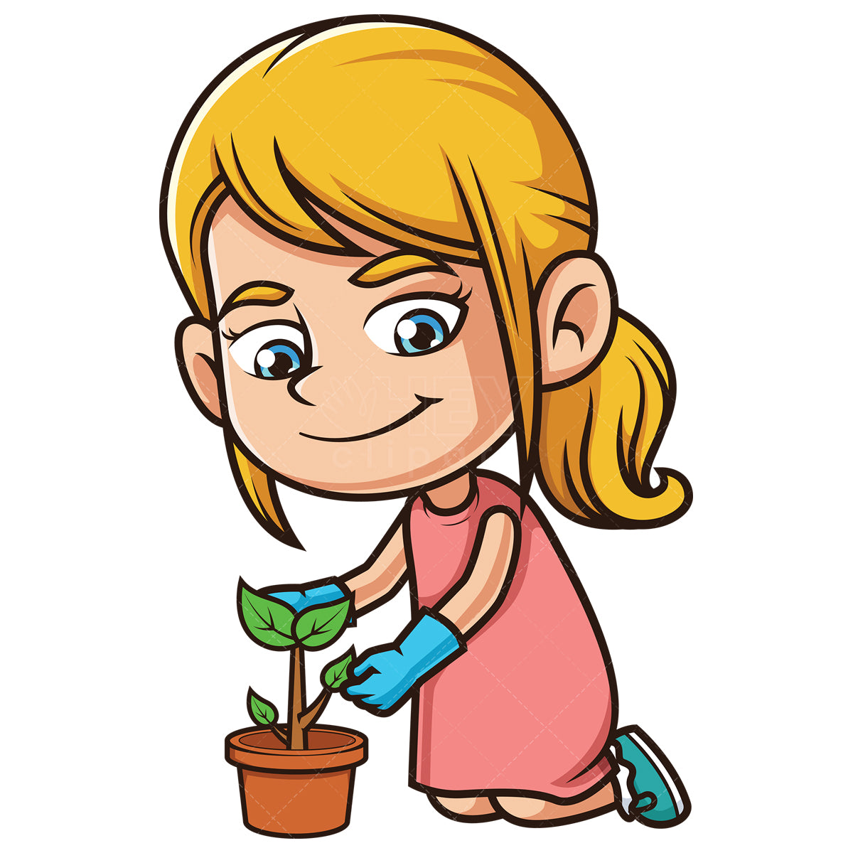 Royalty-free stock vector illustration of a caucasian girl taking care of small tree.