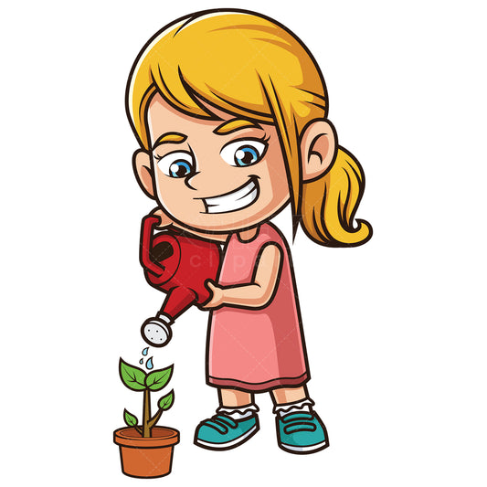 Royalty-free stock vector illustration of a caucasian girl watering plant.