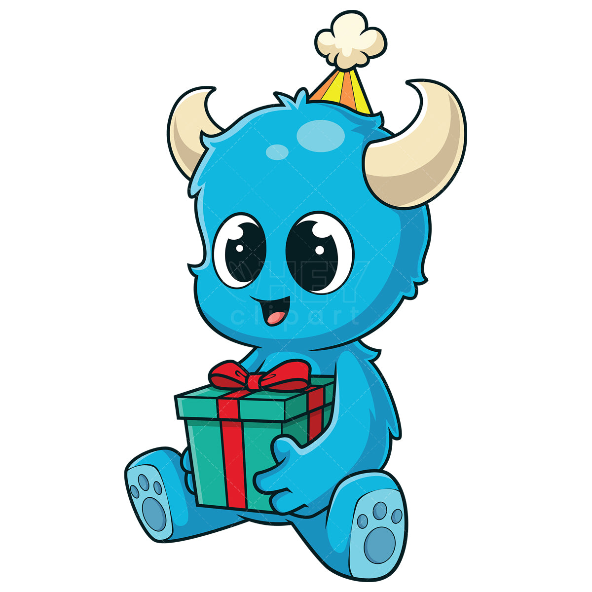 Royalty-free stock vector illustration of a cute baby monster holding birthday present.