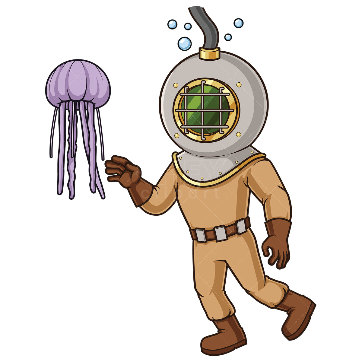 Royalty-free stock vector illustration of a deep sea diver playing with jellyfish.