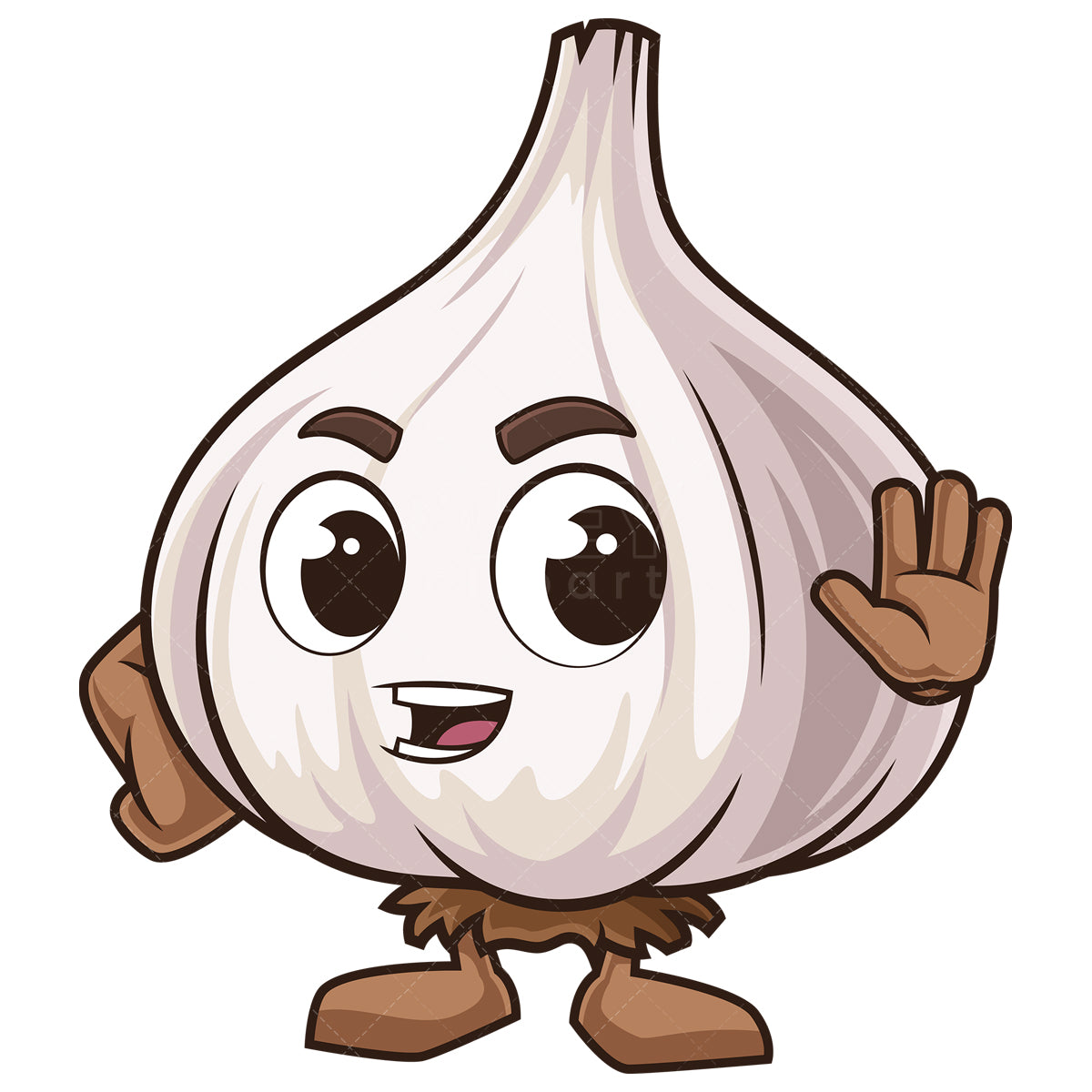 Royalty-free stock vector illustration of a garlic mascot stop gesture.