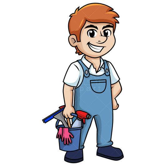 Royalty-free stock vector illustration of a man holding cleaning tools.