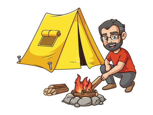 Royalty-free stock vector illustration of a middle-aged man camping.