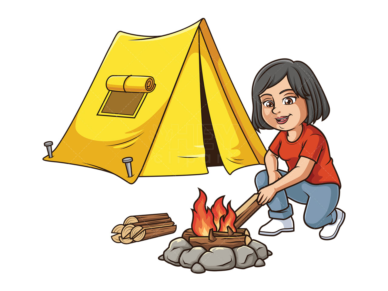 Royalty-free stock vector illustration of a middle-aged woman camping.