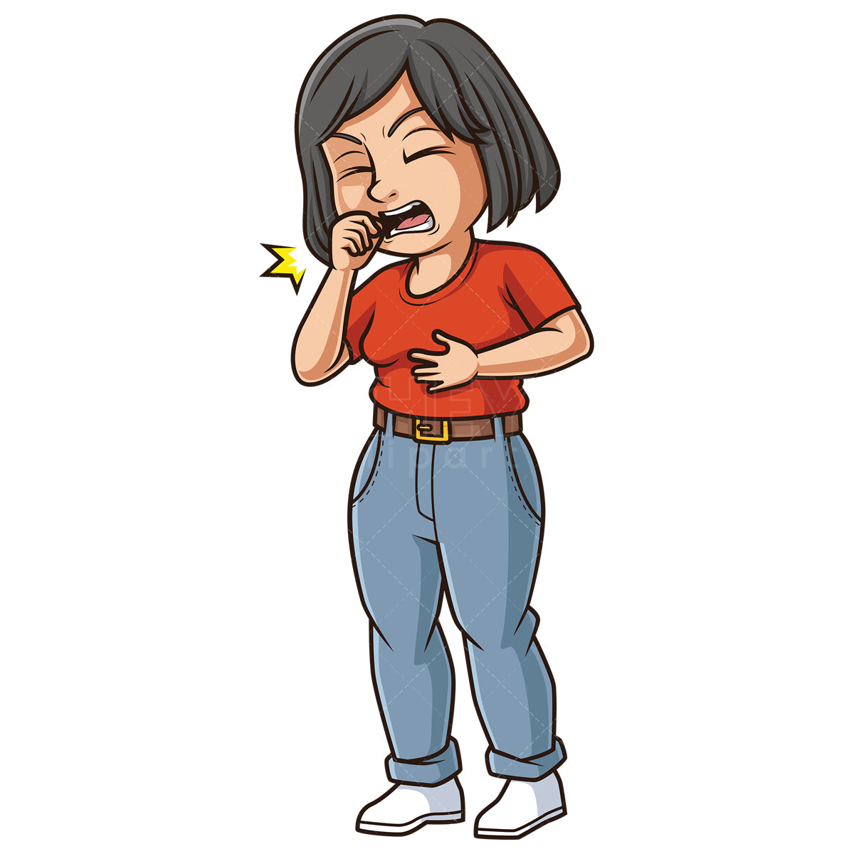 Royalty-free stock vector illustration of a middle-aged woman coughing.