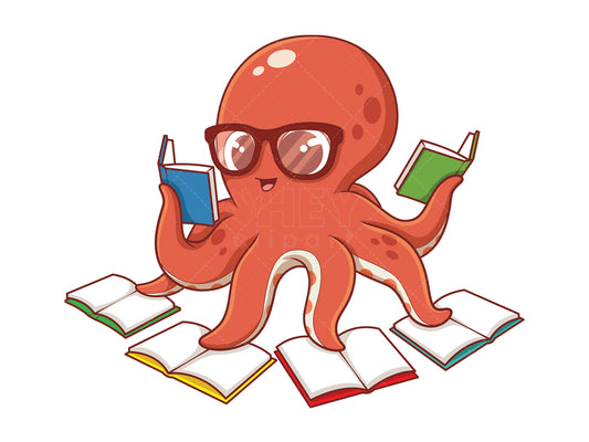 Royalty-free stock vector illustration of an octopus reading books.