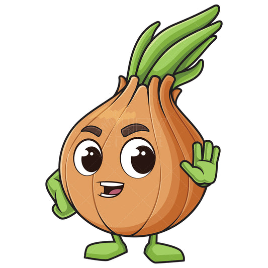 Royalty-free stock vector illustration of a onion mascot stop gesture.