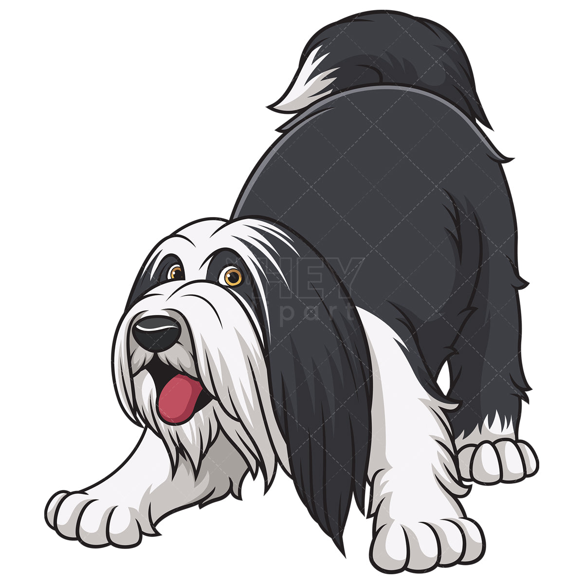 Royalty-free stock vector illustration of a playful bearded collie dog.