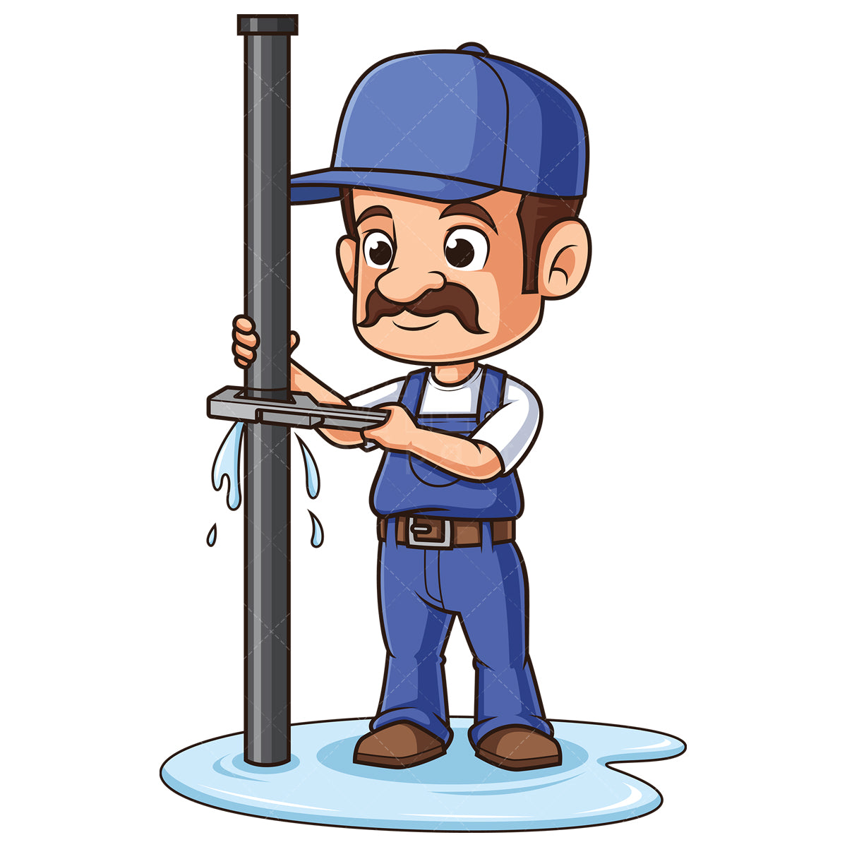 Royalty-free stock vector illustration of a plumber fixing leaking pipe.