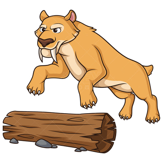 Royalty-free stock vector illustration of a sabertooth cat jumping over tree.