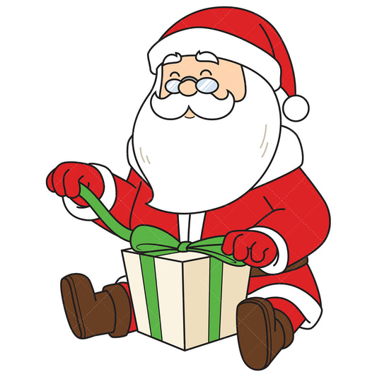 Royalty-free vector illustration of a santa claus unboxing christmas present.