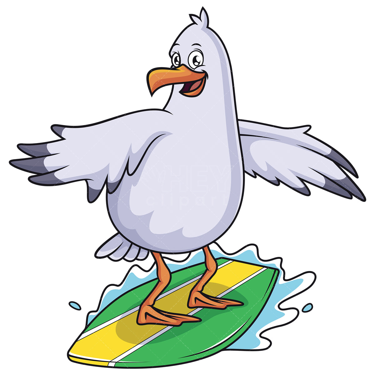 Royalty-free stock vector illustration of a seagull surfing waves.